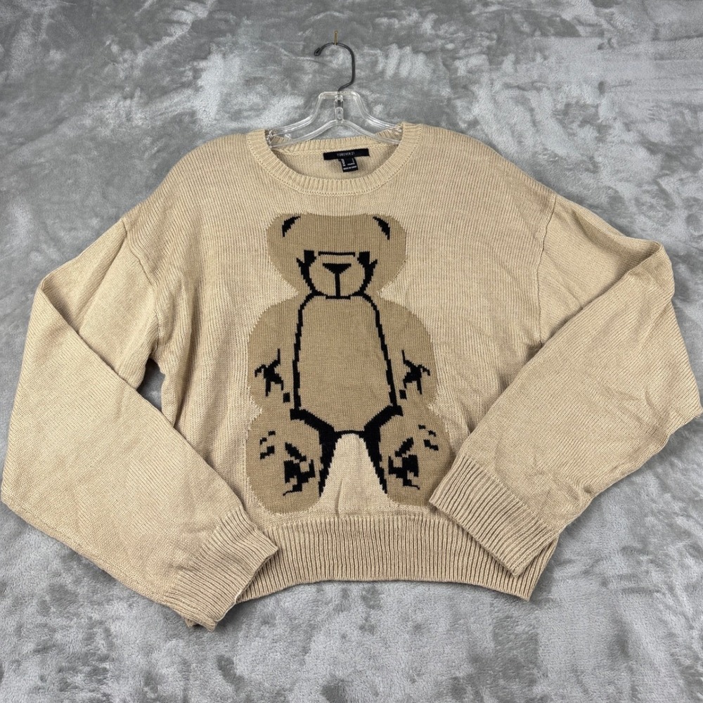 Forever 21 Tan Teddy Bear Graphic Knit Sweater Womens Large Crew Neck Relaxed